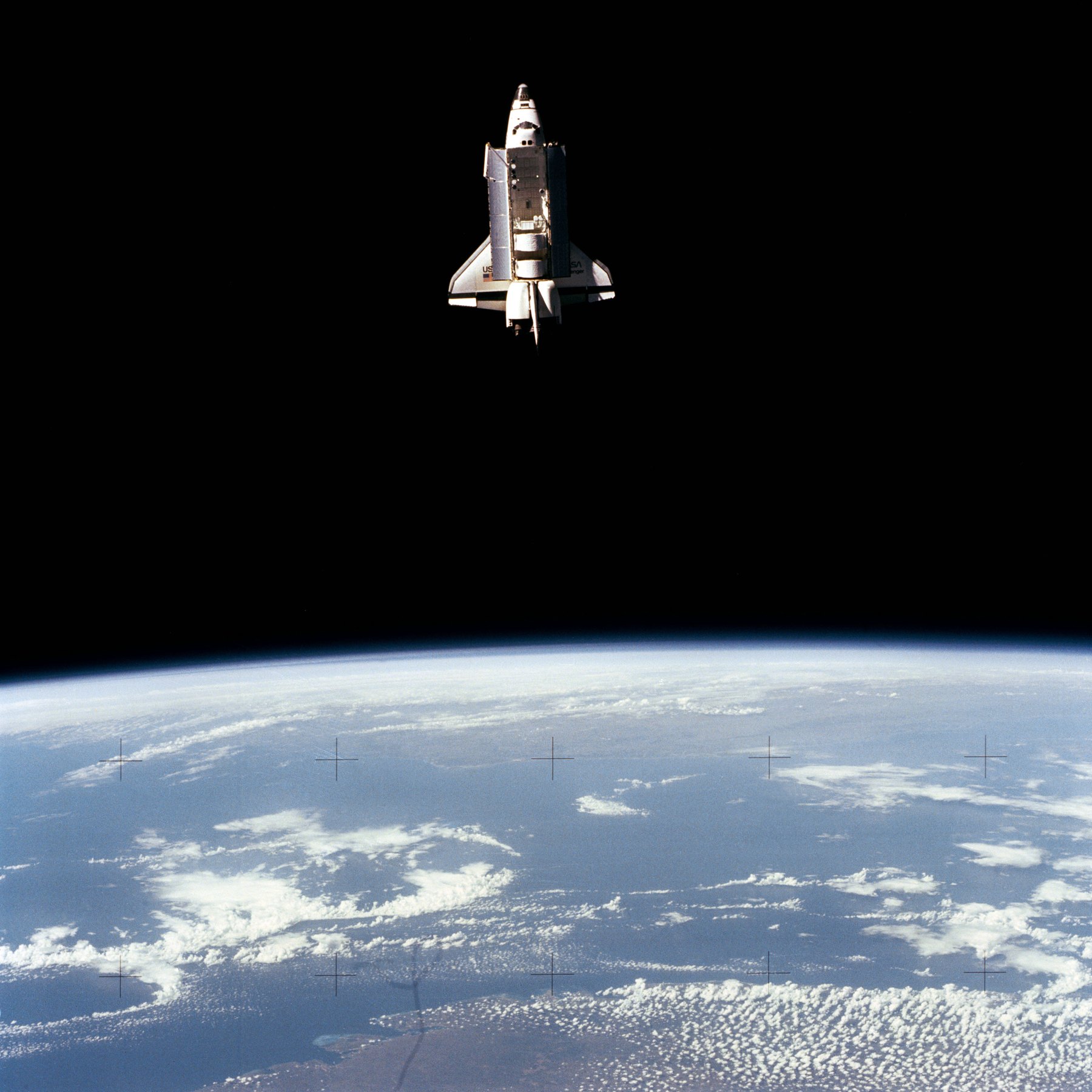 Space Shuttle Challenger in orbit, photographed by the free-flying SPAS-01 platform on 22 June 1983