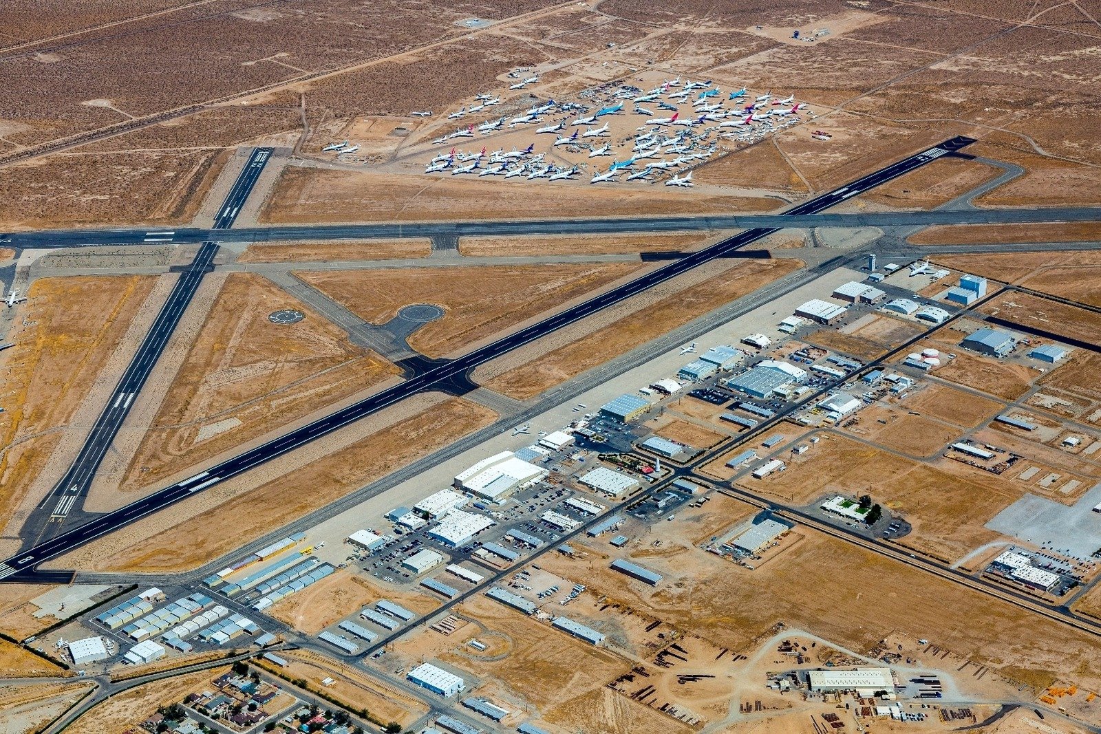 Aerial view of the Mojave Air and Space Port at Rutan Field, Kern County, California.